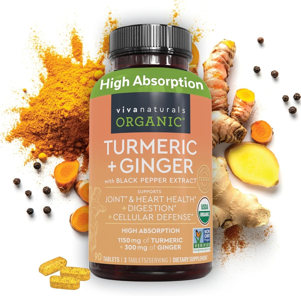 Viva Naturals Organic Turmeric and Ginger Supplements with Black Pepper Extract for Joint Support -1450 mg per Serving Tumeric Ginger Pills with 150 mg of Turmeric Standardized to 95% Curcuminoids