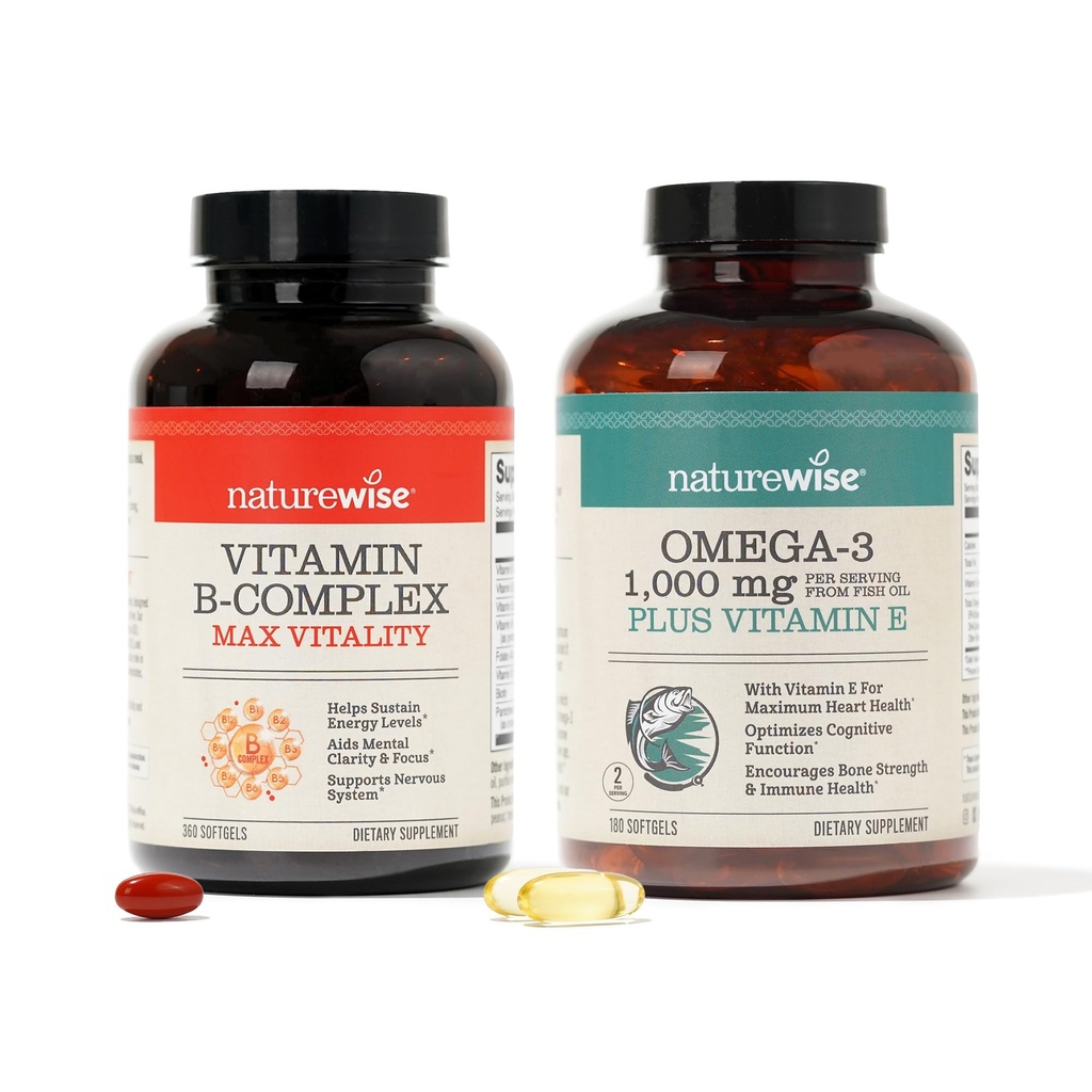 NatureWise Vitamine B Complex 360 Softgels & Omega 3 Huile de poisson 180ct pour l'énergie, le cœur, le cerveau, l'immunité et le soutien de la vision