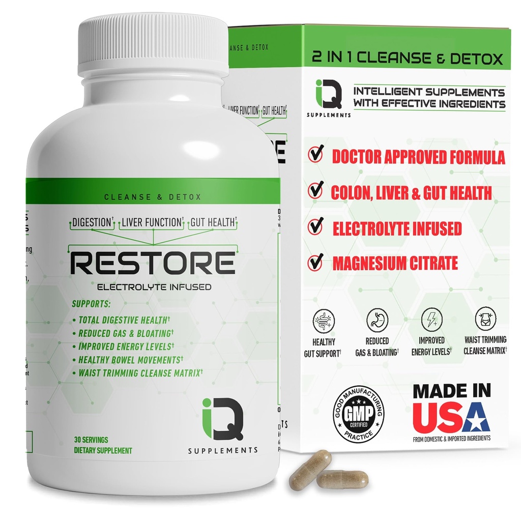 Restaurer 2 En 1 Colon Cleanse & Detox w/ Psyllium - Supports Digestion, Débloquer & Constipation Relief pour les femmes et les hommes, Gut Detox Cleanse w/ Magnésium