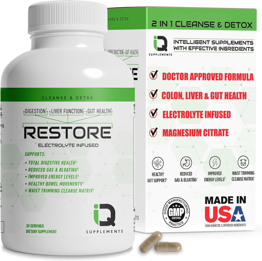 Restaurer 2 En 1 Colon Cleanse & Detox w/ Psyllium - Supports Digestion, Débloquer & Constipation Relief pour les femmes et les hommes, Gut Detox Cleanse w/ Magnésium