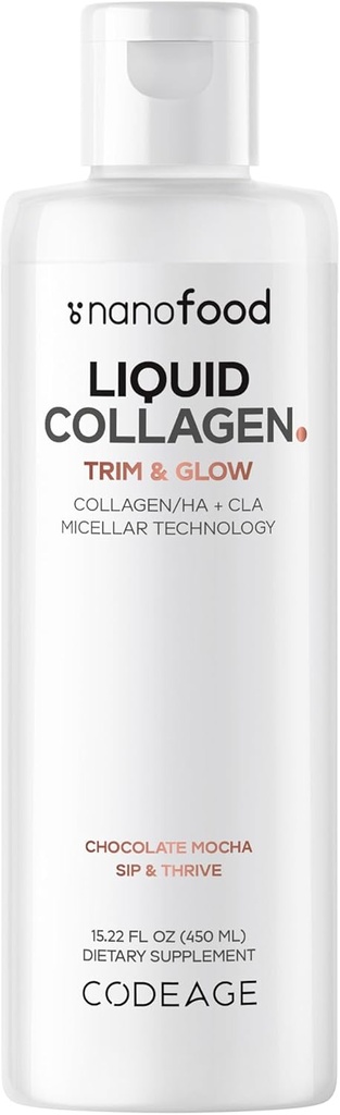 Codeage Complément de collagène liquide Flavor de chocolat, Trim de beauté & Glow Collosomal Peptides de collagène, acide linoléique conjugué CLA, acide hyaluronique, vitamine E, hydrolysé, non-OGM, 15,22 fl oz