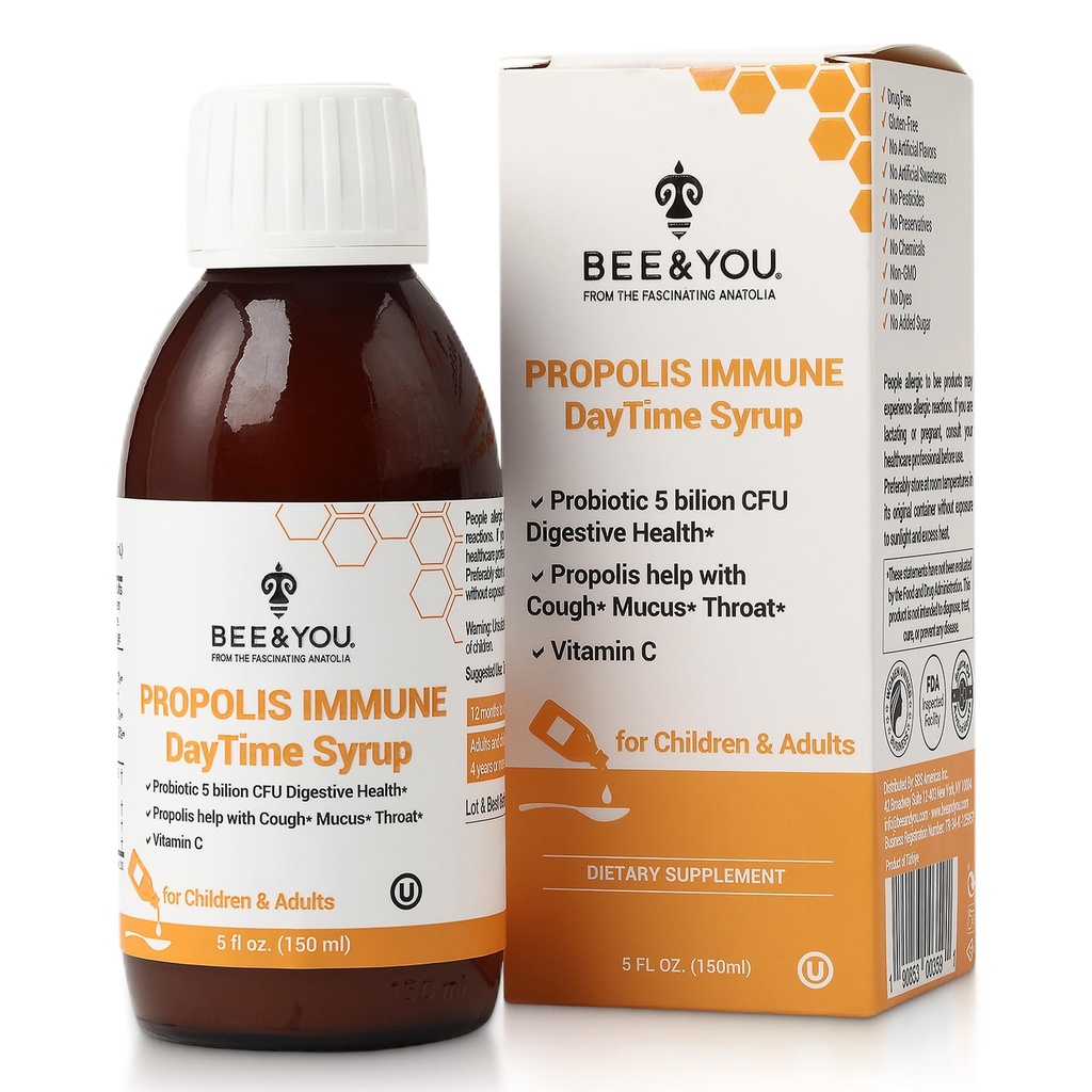 Abeille et vous Propolis Immune Jour Sirop avec Probiotique, Vitamine C, Immune Support, Digestion santé, Antioxydants, Gut Health 5 Fl Oz