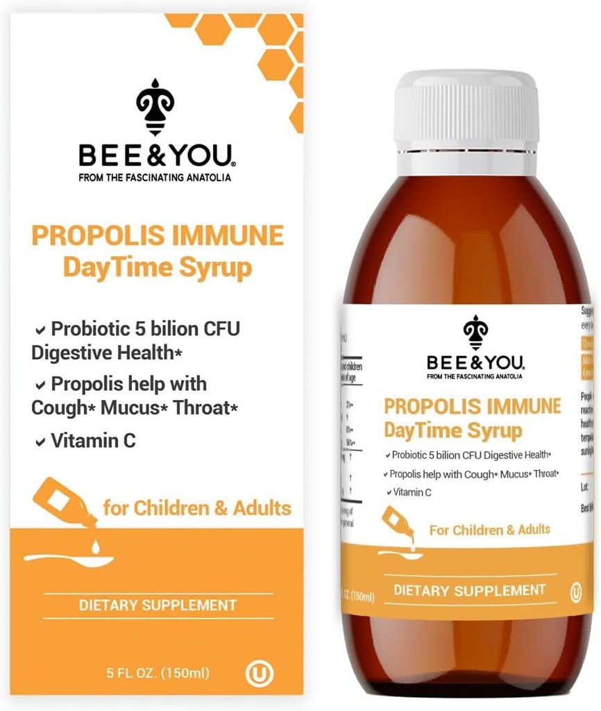 Abeille et vous Propolis Immune Jour Sirop avec Probiotique, Vitamine C, Immune Support, Digestion santé, Antioxydants, Gut Health 5 Fl Oz