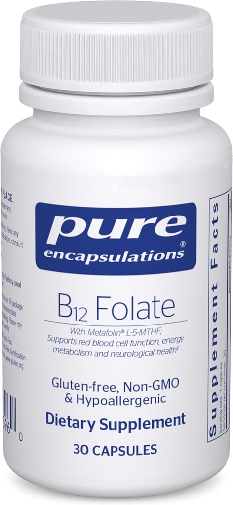 Encapsulations pures B12 Folate - Supplément énergétique pour soutenir les nerfs, le métabolisme énergétique et le soutien cognitif* - avec la vitamine B Folate comme métafoline - 30 capsules