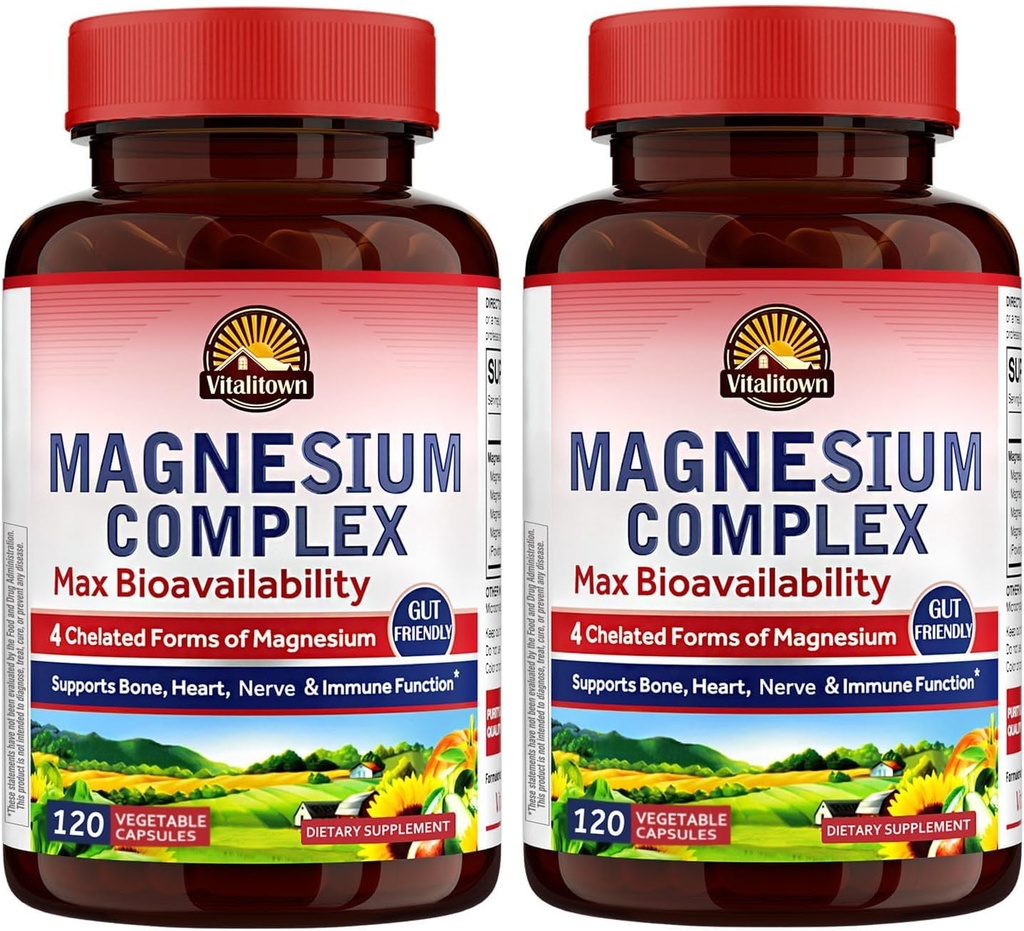 Vitalitown Magnésium Complex 2 Packs, 240 Capsules, Magnésium Glycinat certifié NSF, Malate, Taurate et Citrate, Formes chélatées, Haute Absorption, Os, Coeur, Sommeil et Digestion