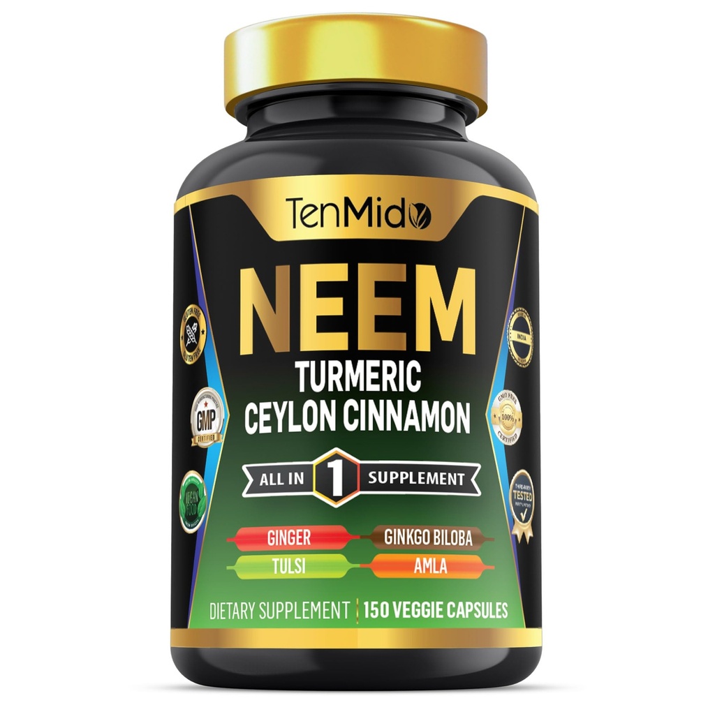 Supplément Neem Leaf - Formule 8in1 - Combiner avec Turmeric, Ceylan Cinnamon, Ginger, Tulsi, Ginkgo Biloba, Amla et Black Pepper - Immune Health Support - 150 Capsules Vegan