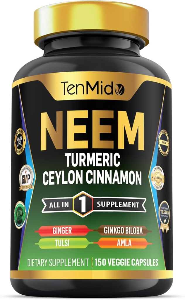 Supplément Neem Leaf - Formule 8in1 - Combiner avec Turmeric, Ceylan Cinnamon, Ginger, Tulsi, Ginkgo Biloba, Amla et Black Pepper - Immune Health Support - 150 Capsules Vegan