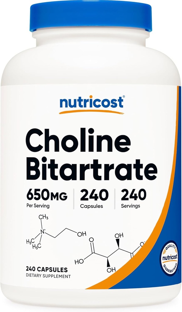 Nutricost Choline Bitartrate 650mg, 240 Capsules végétariennes - Non-OGM, Végétarien Friendly, Sans gluten