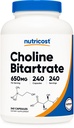 Nutricost Choline Bitartrate 650mg, 240 Capsules végétariennes - Non-OGM, Végétarien Friendly, Sans gluten