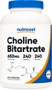 Nutricost Choline Bitartrate 650mg, 240 Capsules végétariennes - Non-OGM, Végétarien Friendly, Sans gluten
