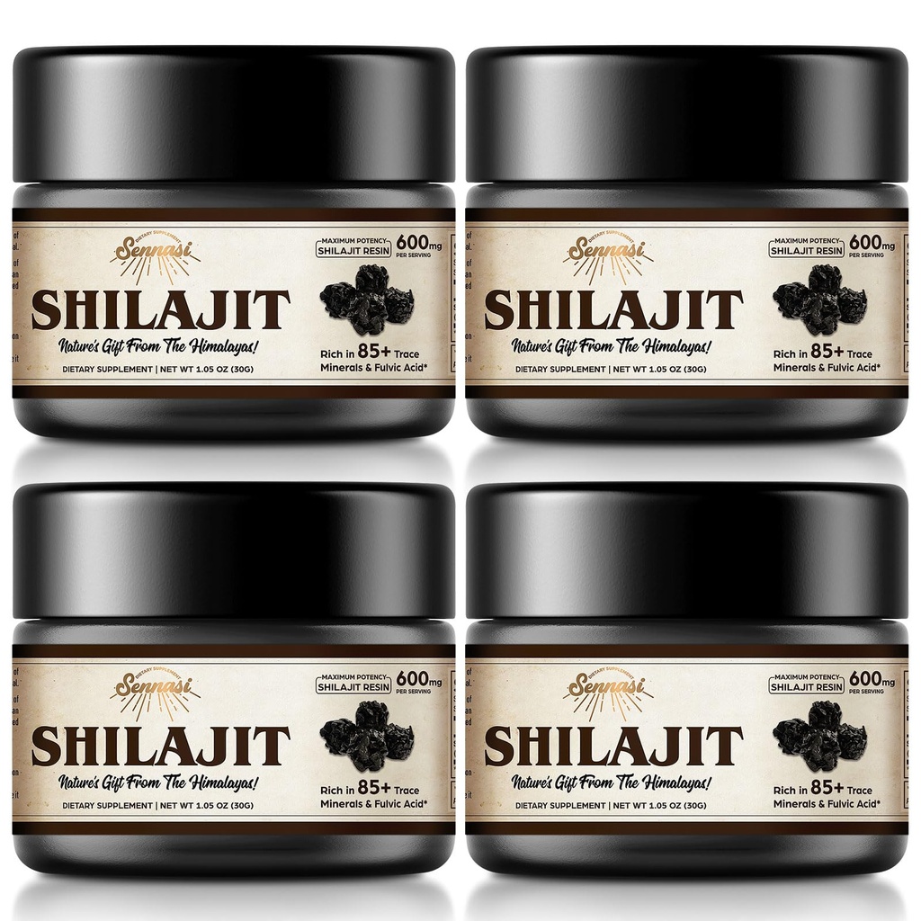 Résine chilajit biologique pure himalayenne - 600mg Potence maximale Résine chilajit biologique naturelle avec 85+ minéraux traces et acide fulvic pour l'énergie, support immunitaire, 30 Grams (4 Pack)