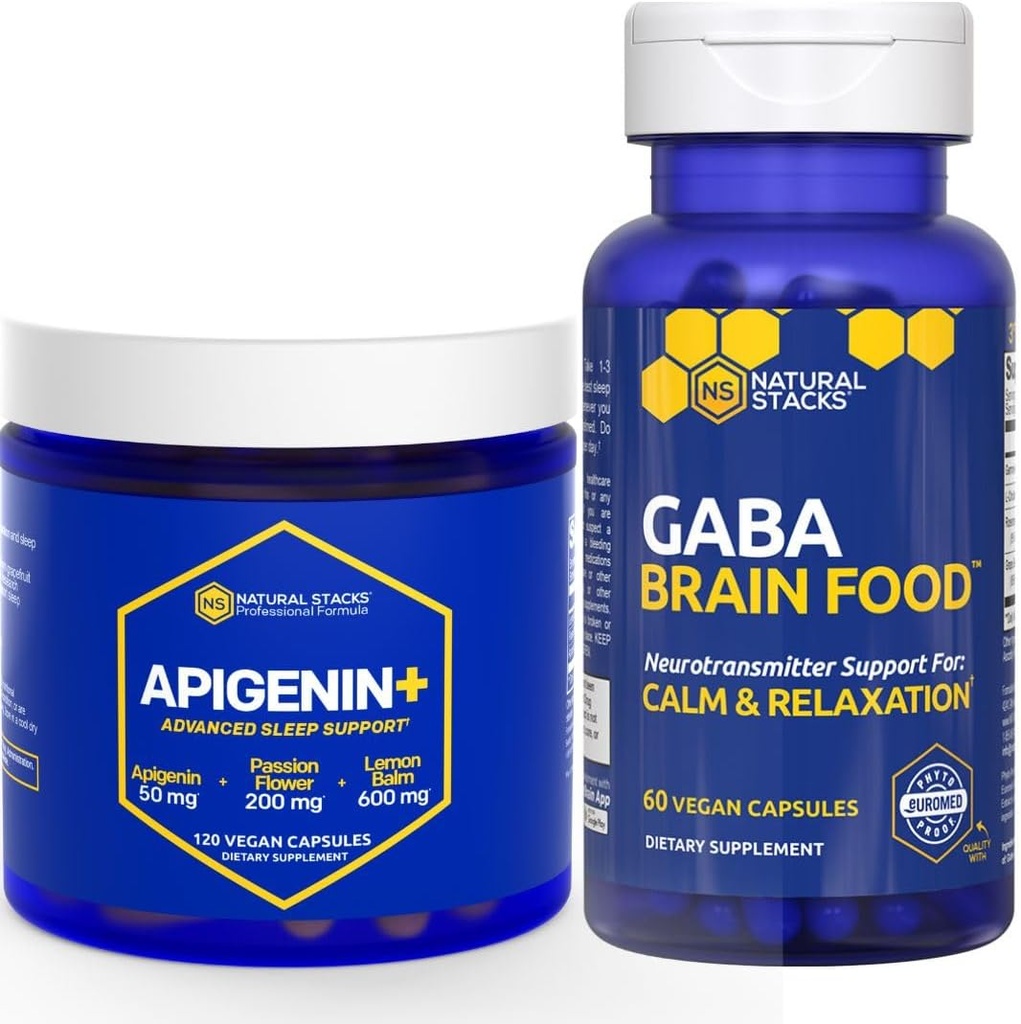 GABAS NATURELS GABA Brain Food + Supplément Apigenin pour le sommeil - Soutient la relaxation et le sommeil* - 180 Capsules totales