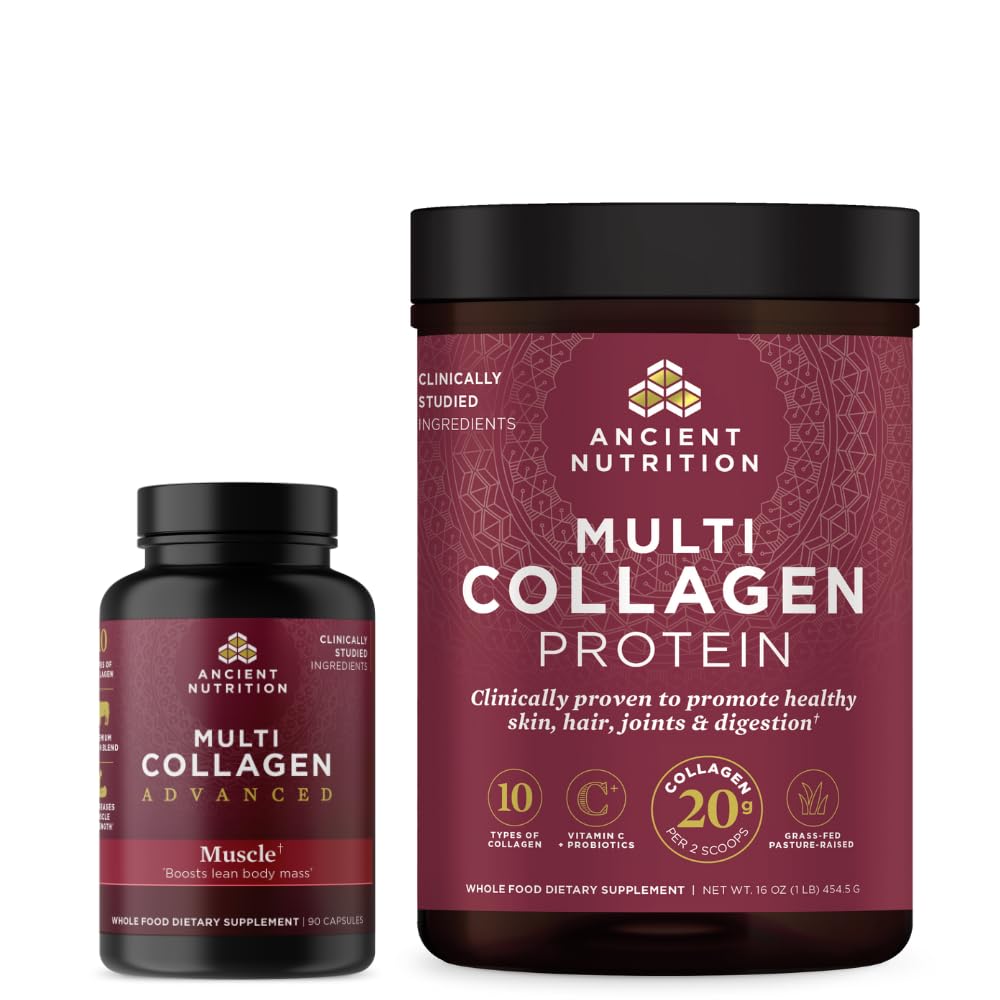 Ancient Nutrition Multi collagène Capsules avancées, Muscle, 90 Compte + poudre de protéines multi collagène, Sans saveur, 45 portions