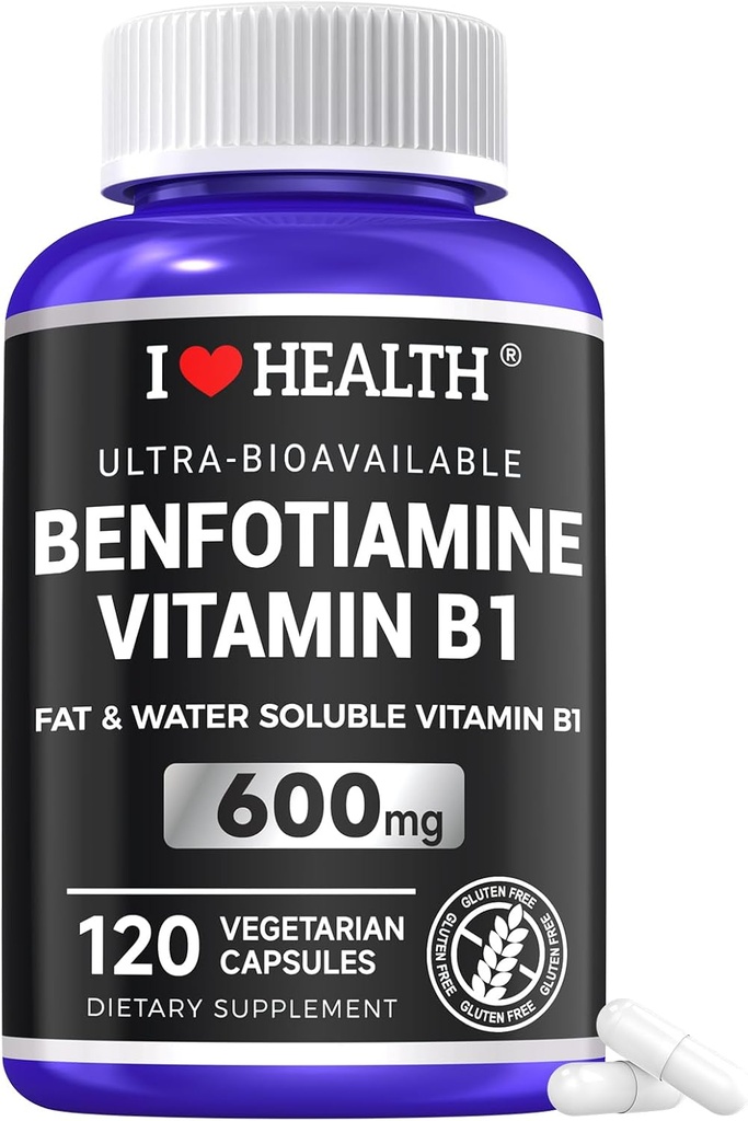 Benfotiamine 600mg Plus 20mg Vitamine B1=120 Capsules de légumes Fabriquées aux États-Unis=3e partie testée=2 Fat Soluble Vitamine essentielle B1 Supplément de Thiamine=1 Non-OGM=1 Gluten Free-Végétarian Friendly