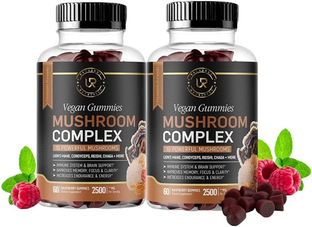 Gummies de Champignons 10 Suppléments de Champignons 2 packs Turkey Tail, Chaga, Reishi, Cordyceps & Lions Mane Extraits de Champignons Organiques, Booster Cerveau Nootropique pour Focus, Mémoire, Clarté, Énergie