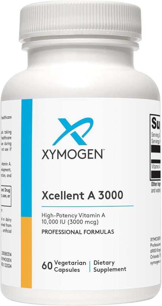 XYMOGEN Xcellent A 3000 - 10 000 UI Supplément de vitamine A à haute capacité (Palmitate de rétinyle) - Soutient une fonction immunitaire saine, une peau saine + des membranes muqueuses (60 capsules)