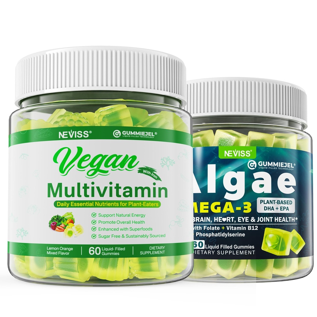 Omega végétalien 3 Gommies 1000mg avec multivitamine végétalienne pour les femmes hommes avec le fer, vitamine B12, A, D3, K2, Algae Omega 3, Magnésium, zinc