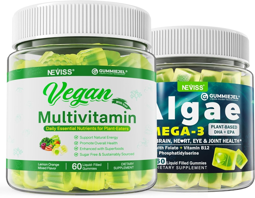 Omega végétalien 3 Gommies 1000mg avec multivitamine végétalienne pour les femmes hommes avec le fer, vitamine B12, A, D3, K2, Algae Omega 3, Magnésium, zinc