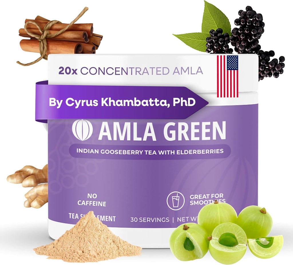 Amla Powder & Immunity Blend Superfood Supplément avec Elderberry, 20x Ultra Concentré Amla, Immune Support, Fabriqué avec Ginger, cannelle, menthe poivrée, fraises indiennes, immunité, 30 portions