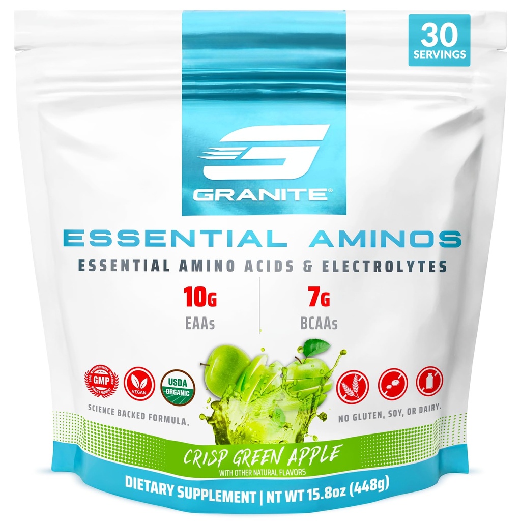 Poudre d'acides aminés essentiels de granite, saveur de pomme verte, avec des AEA de 10g et des BCAA de 7g, soutient la récupération et la croissance musculaire, sans soja, sans gluten (30 portions)