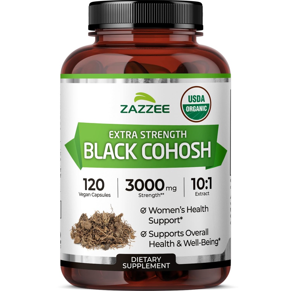 Zazzee USDA Cohosh noir biologique 10:1 extrait, 3000 mg de force, 120 capsules véganes, 4 mois d'approvisionnement, extrait normalisé et concentré 10X, 100% végétarien, tout naturel, non-OGM, fabriqué aux États-Unis