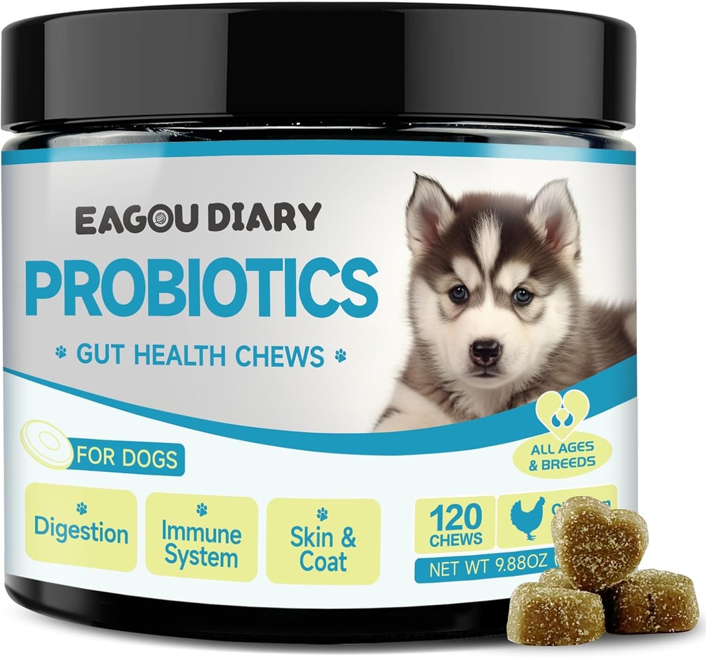 Probiotiques du journal Eagou pour chiens - Probiotiques pour chiens pour la santé digestive, Suppléments pour la santé Gut avec prébiotiques, Lait de chèvre, Oméga 3, Vitamines, Chews pour la diarrhée de la canine, Estomac, Gas Relief - 120 Ct