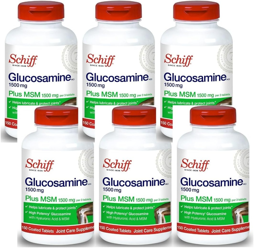 Schiff Glucosamine 1500mg Plus MSM et acide hyaluronique, 150 comprimés - Supplément articulaire (paquet de 6)
