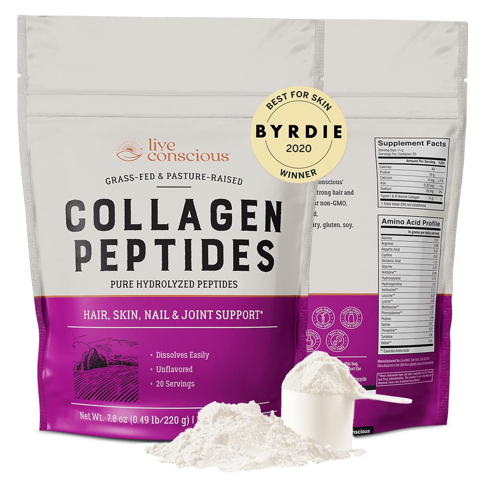 Poudre de collagène vivante Hydrolysée Peptides de collagène de type I et III - Keto et Paléo - Non aromatisé - 20 portions, 7,8 oz