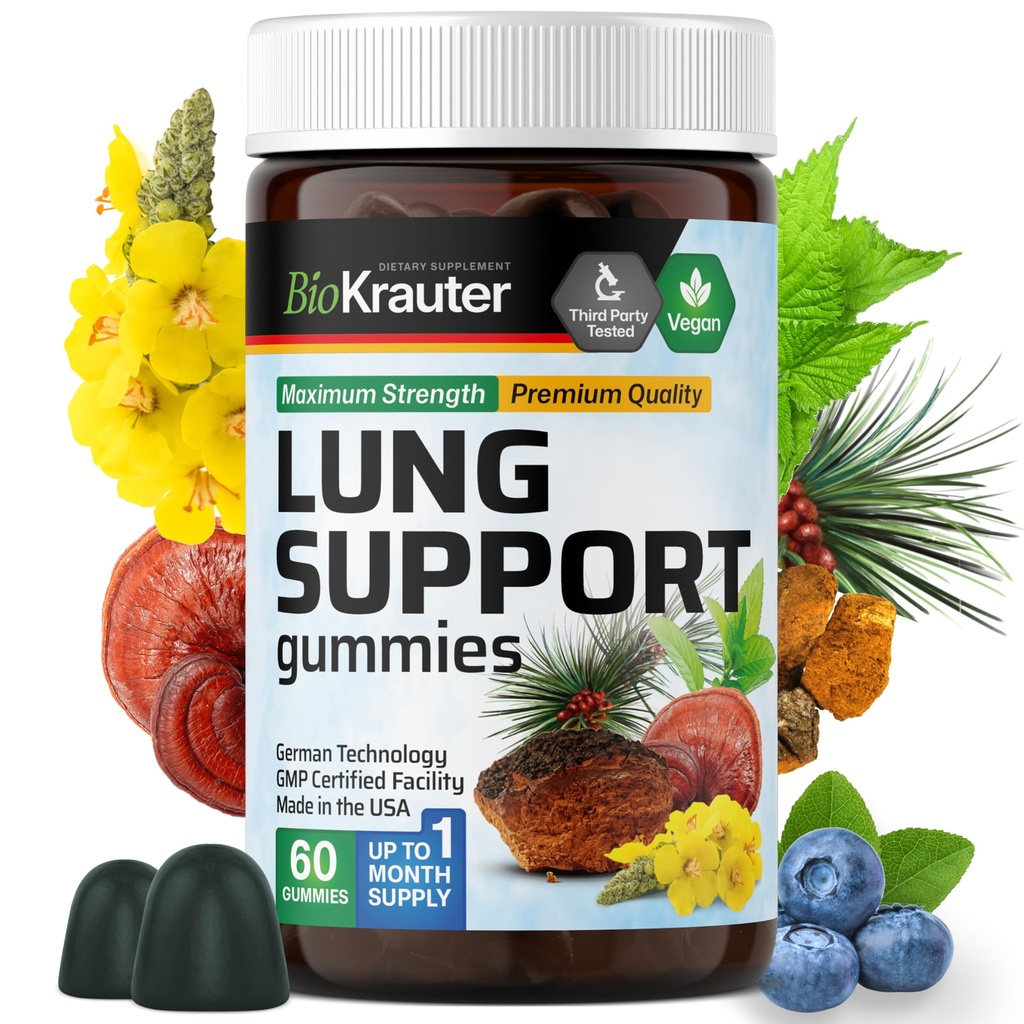 BIO KRAUTER Lung Detox Gummies - 60 Vegan Chews - Supplément de nettoyage pulmonaire avec mélange de feuilles C et Mullein - Soutien respiratoire