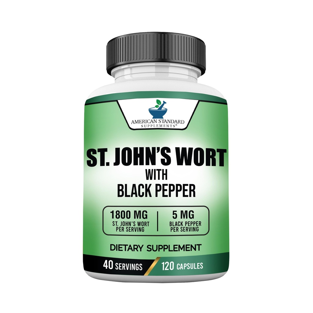 American Standard Suppléments Saint-Jean Wort 1800mg par portion avec extrait de poivre noir - végétalien, sans gluten, sans OGM, 120 capsules, 40 portions