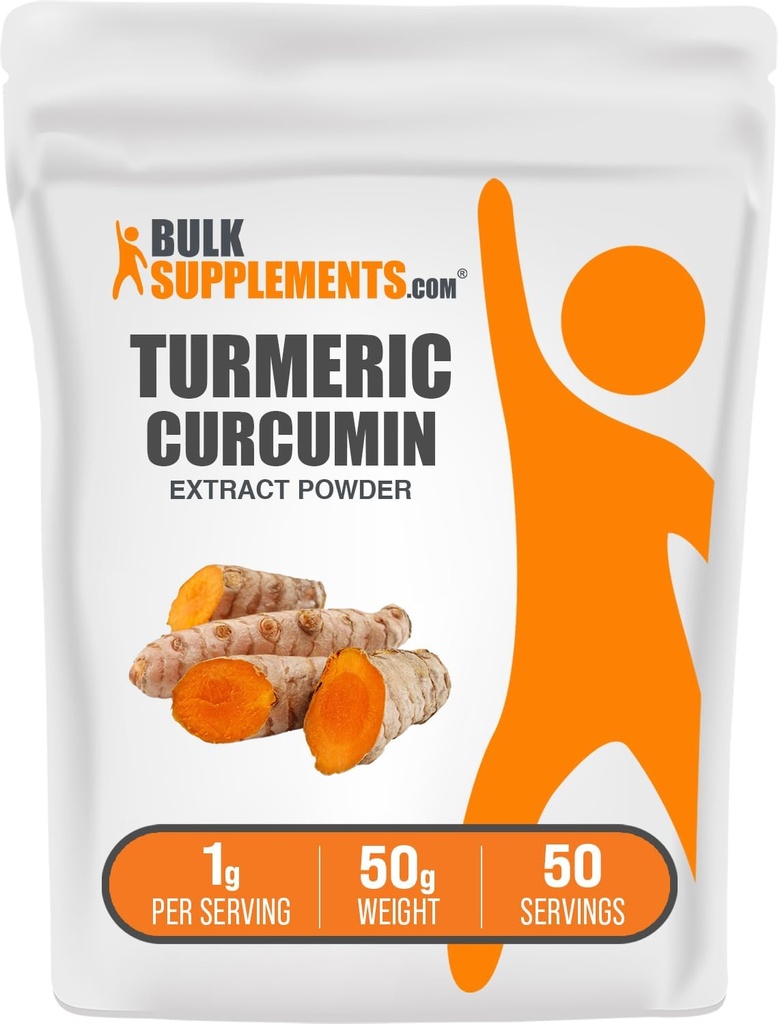 BulkSupplements.com Poudre d'extrait de curcuma - à partir de racine de curcuma, suppléments de curcuma, poudre de curcuma - sans gluten, 1g par portion, 50g (1,8 oz) (paquet de 1)