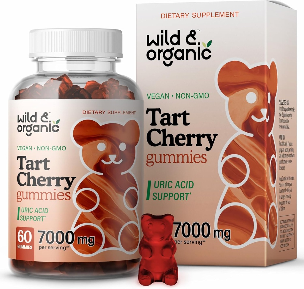 Wild & Organic Tart Cherry Gummies 7000 mg - Tart Cherry Extract Supplement for Uric Level Support - 60 Vegan, Non-GMO Chews