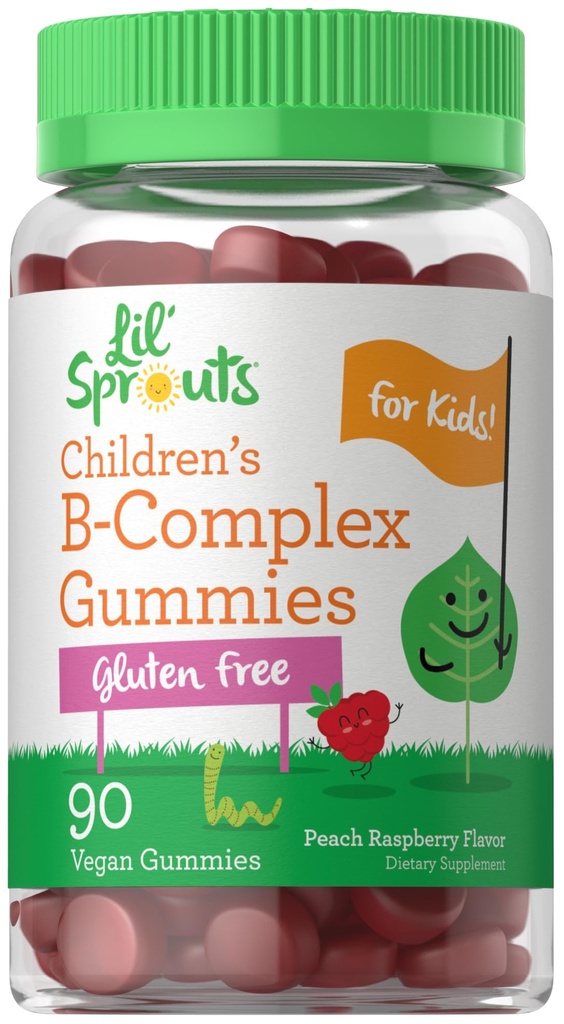 Carlyle Kids B Complexe Gummies de 90 comtes Pêche Flaveur de framboises de non-OGM, sans gluten et supplément végétalien
