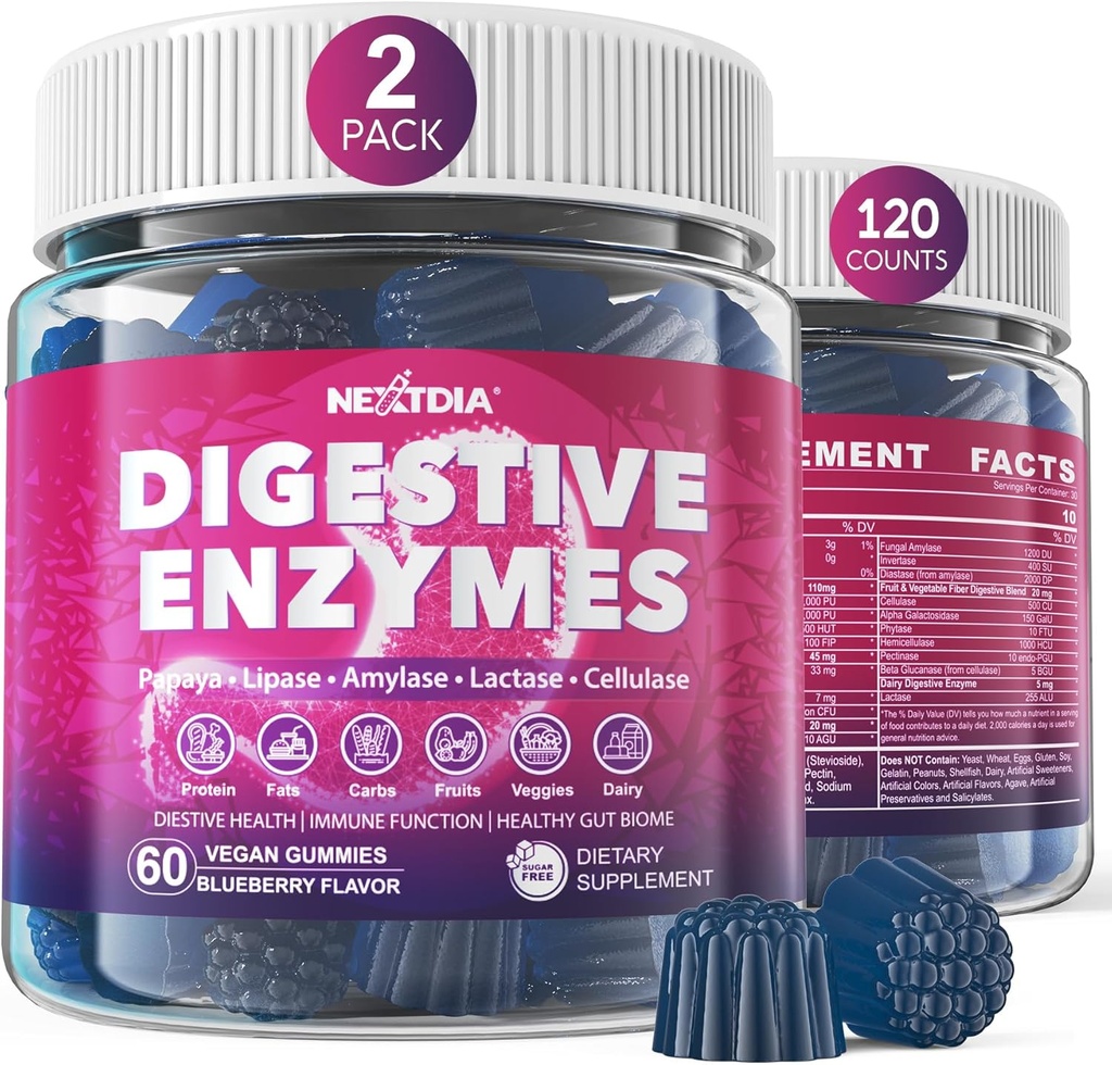 Enzymes digestifs pour les femmes et les hommes Gummies w/ Probiotiques, Papaya, Bromelain, Ginger - Bloating Relief & Gut Health Supplément à croquer Digest Protéines Carbes laitiers Végéties Graisses, Vegan sans sucre, 120Cts