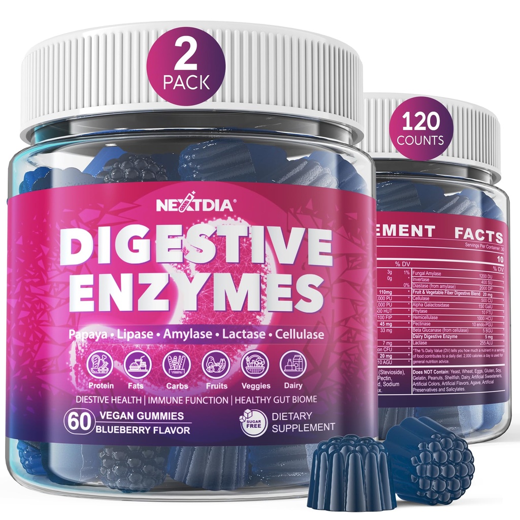 Enzymes digestifs pour les femmes et les hommes Gummies w/ Probiotiques, Papaya, Bromelain, Ginger - Bloating Relief & Gut Health Supplément à croquer Digest Protéines Carbes laitiers Végéties Graisses, Vegan sans sucre, 120Cts