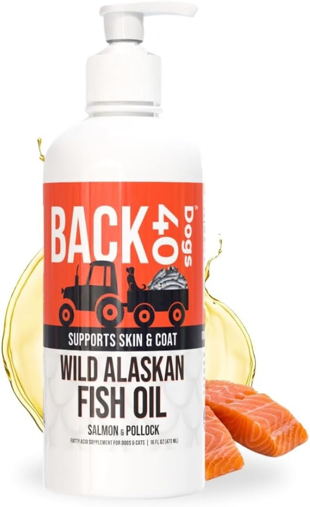 BACK 40 Chiens Huile de poisson sauvage de l'Alaska pour chiens, peau et manteau Supplément pour chiens et chats, Oméga-3-Rich Salmon and Pollock Oil, EPA & DHA Huile de saumon pour chiens pour cerveau, coeur et articulations 16 fl oz (473 ml)