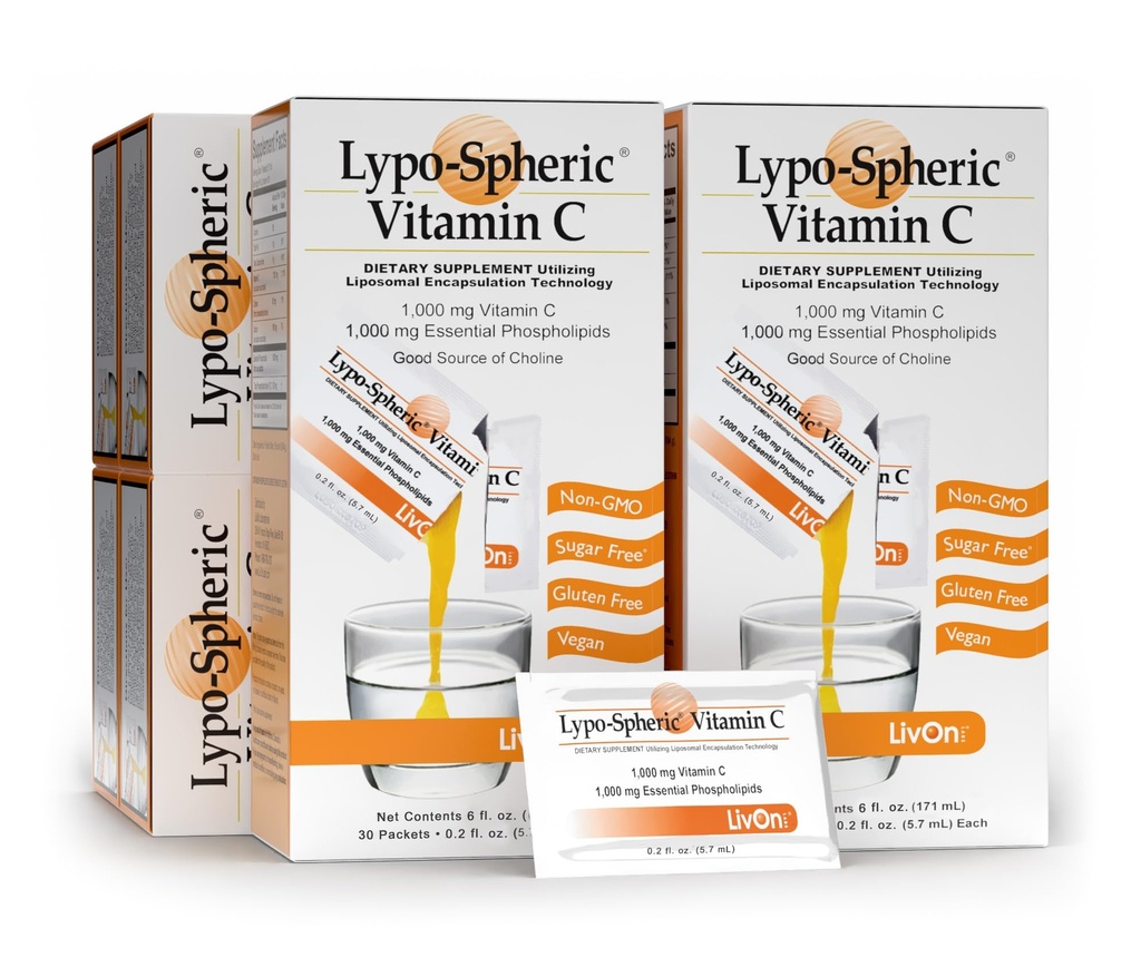 Livon Laboratories Lypo–Vitamine C sphérique – 6 Cartons (180 paquets) – 1 000 mg Vitamine C et 1 000 mg Phospholipides essentiels par paquet – Liposome encapsulé pour une meilleure absorption – 100% Non-OGM