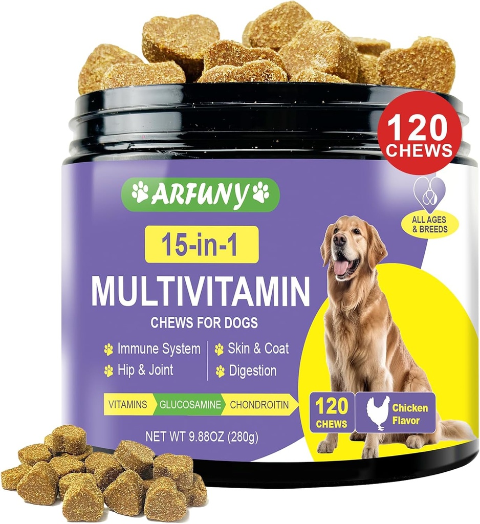 Supplément multivitamines pour chiens 15 en 1 - Vitamines pour chiens pour système immunitaire, digestion, hanche et articulations, peau et manteau - avec vitamines essentielles, glucosamine et chondroïtine - saveur de poulet, 120 Chews