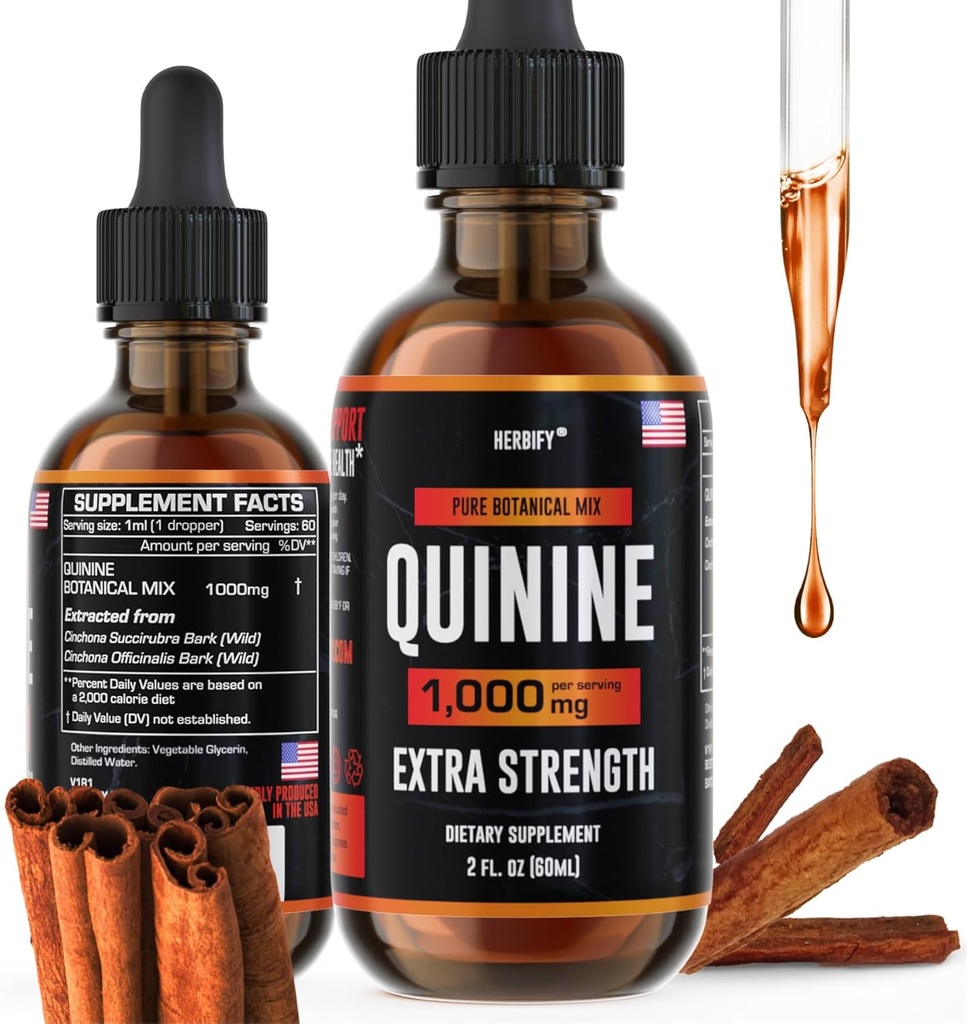 Teinture de quinine HERBIFY - Extrait liquide de quinine pour une digestion saine et une crampe des jambes - Supplément de quinine cinchona pour une meilleure absorption - Produit fabriqué aux États-Unis - pour hommes et femmes 2oz (60ml)