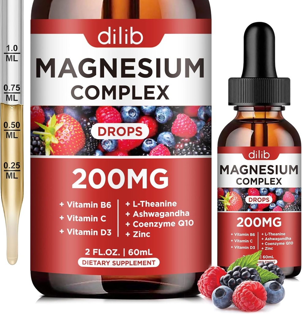 Supplément triple complexe de magnésium, glycinate de magnésium, thréonate, citrate gouttes liquides 200mg avec Ashwagandha, CoQ10, vitamine B6, C, D, Zinc - mélange végétalien saveur de baie