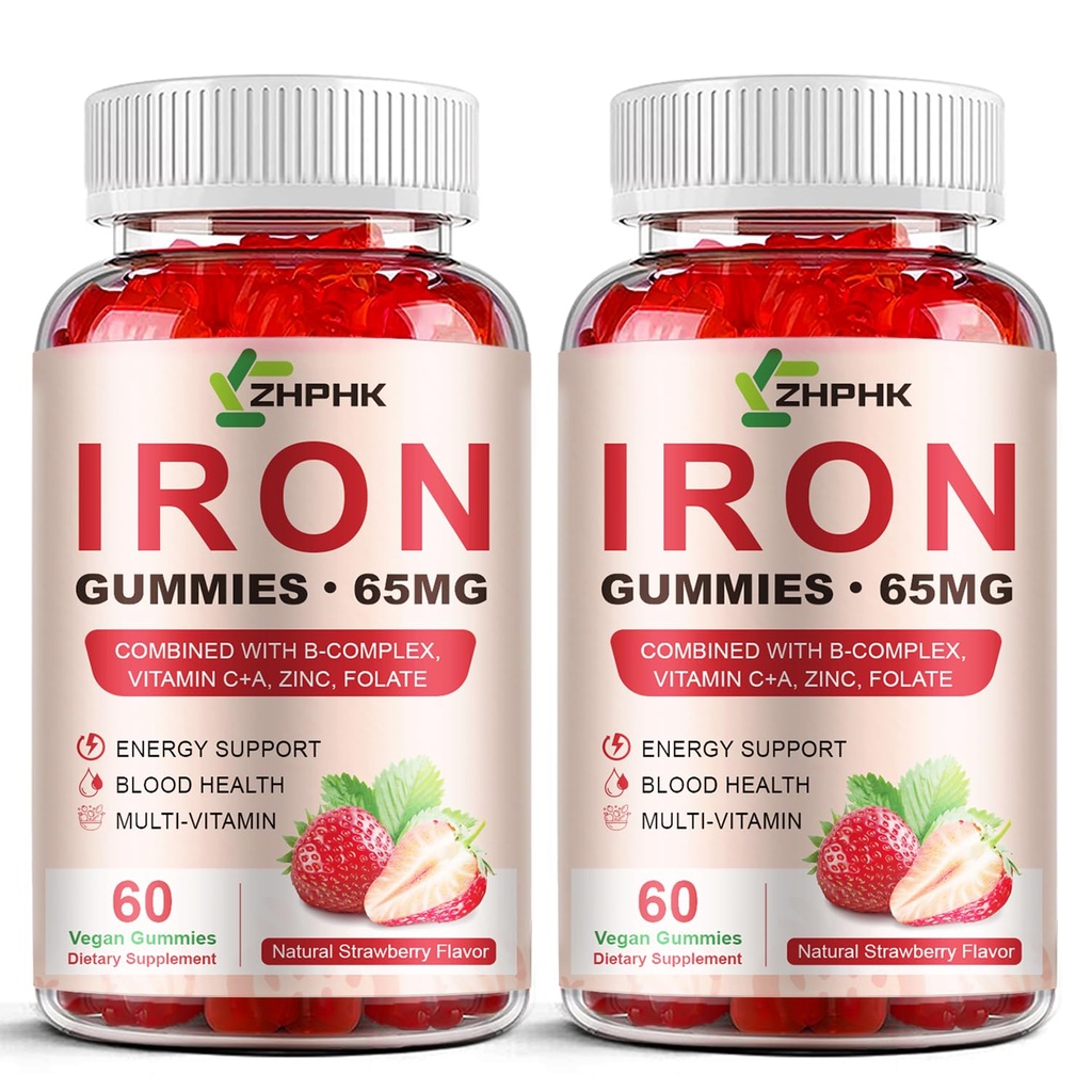 Supplément de fer Gommies pour les femmes, les hommes et les enfants, 65mg Fer et 250mg Vitamine C par portion - Sang en santé, énergie et crème de soutien Gommy vitamine de fer avec folate, 2 Pack