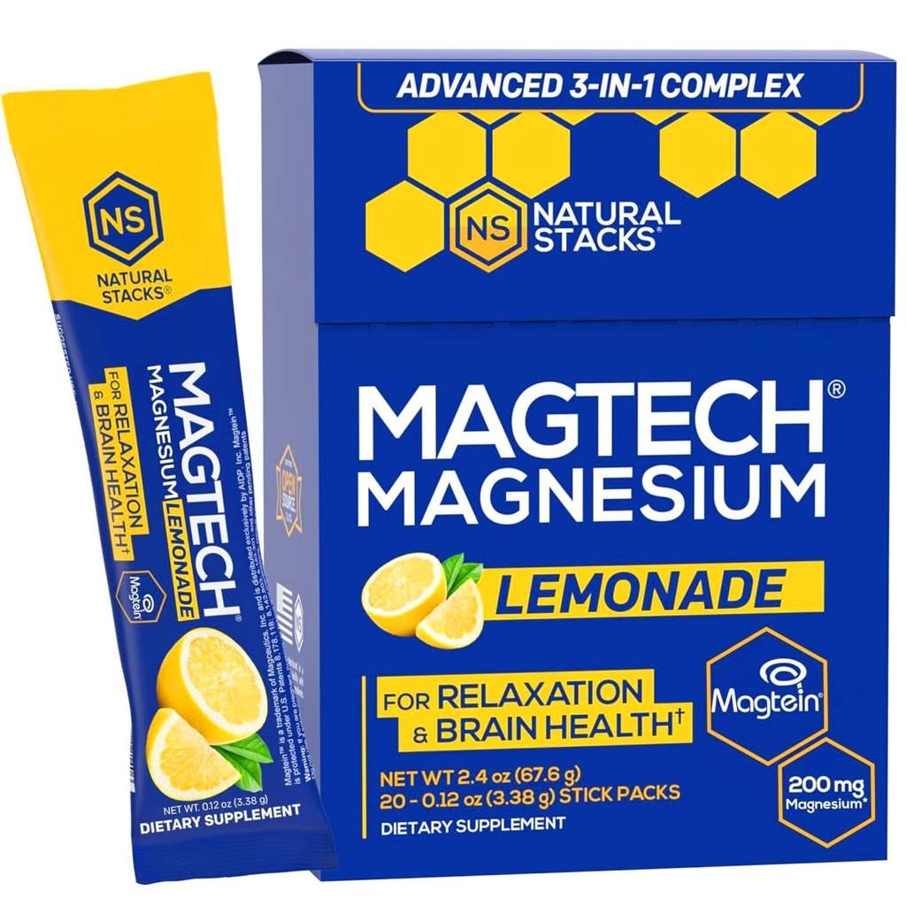 MagTech Mélange de boissons de magnésium - Cimonade sans sucre - 3 formes de magnésium: Magtéine L-Thréonate, Glycinate et Taurate - 200mg Complexe de magnésium chélaté - Soutient la relaxation et la santé du cerveau - 20 portions