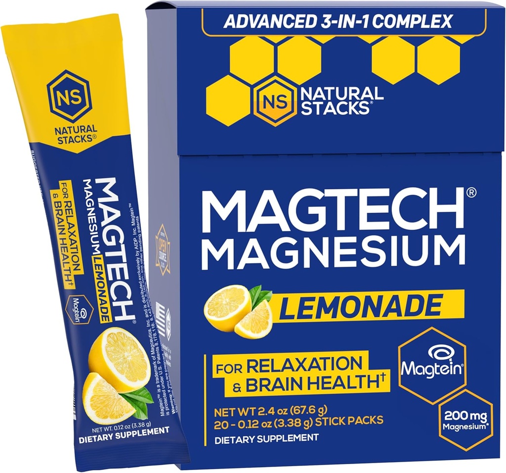 MagTech Mélange de boissons de magnésium - Cimonade sans sucre - 3 formes de magnésium: Magtéine L-Thréonate, Glycinate et Taurate - 200mg Complexe de magnésium chélaté - Soutient la relaxation et la santé du cerveau - 20 portions