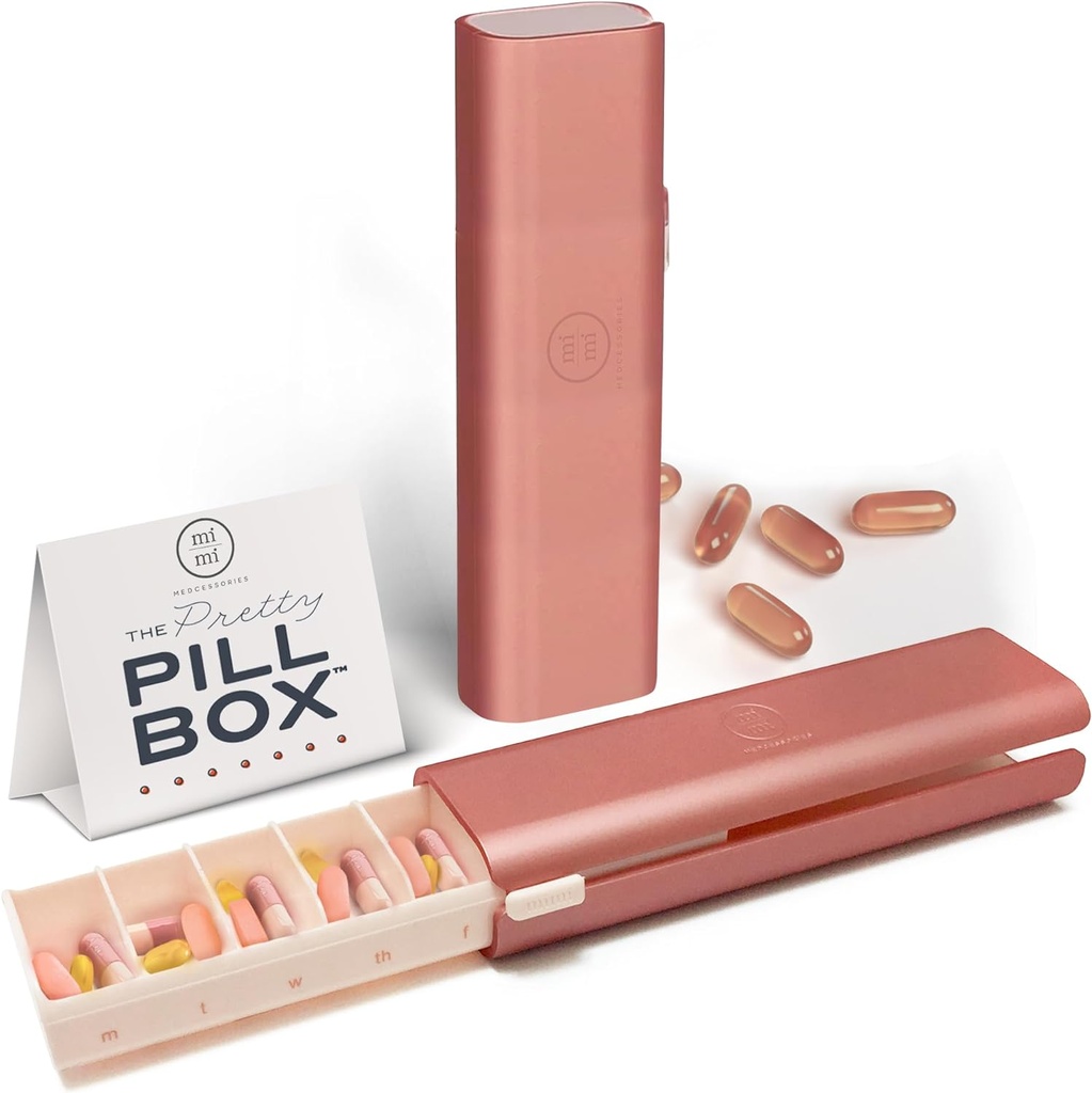 Pretty Pill Box Set - Élégant et compact organisateur quotidien de pilules, cas de pilules de médicaments, contenant de pilules pour la gestion de la vitamine, support de pilule, essentiels de voyage pour les femmes et les hommes - Rose