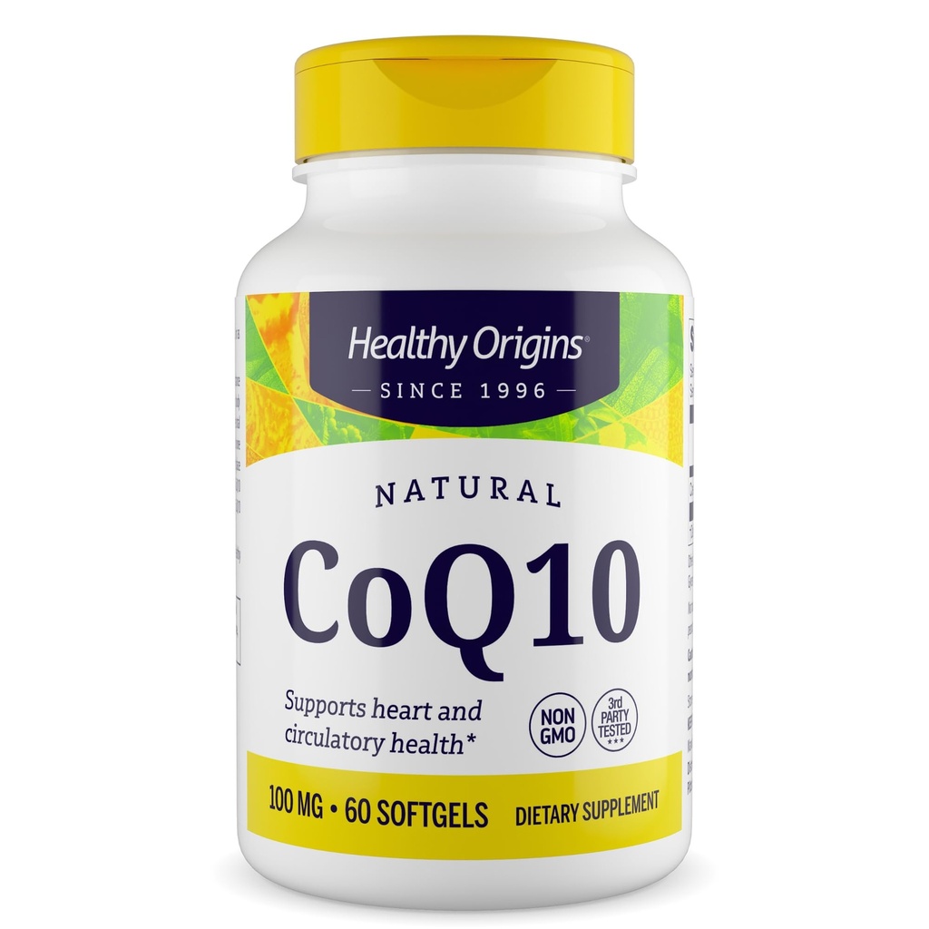 Origines saines® CoQ10 100 mg – Ubiquinone trans-isomère naturelle – levure fermentée, soutient la santé cardiaque et l'énergie cellulaire – non-OGM 60 Softgels
