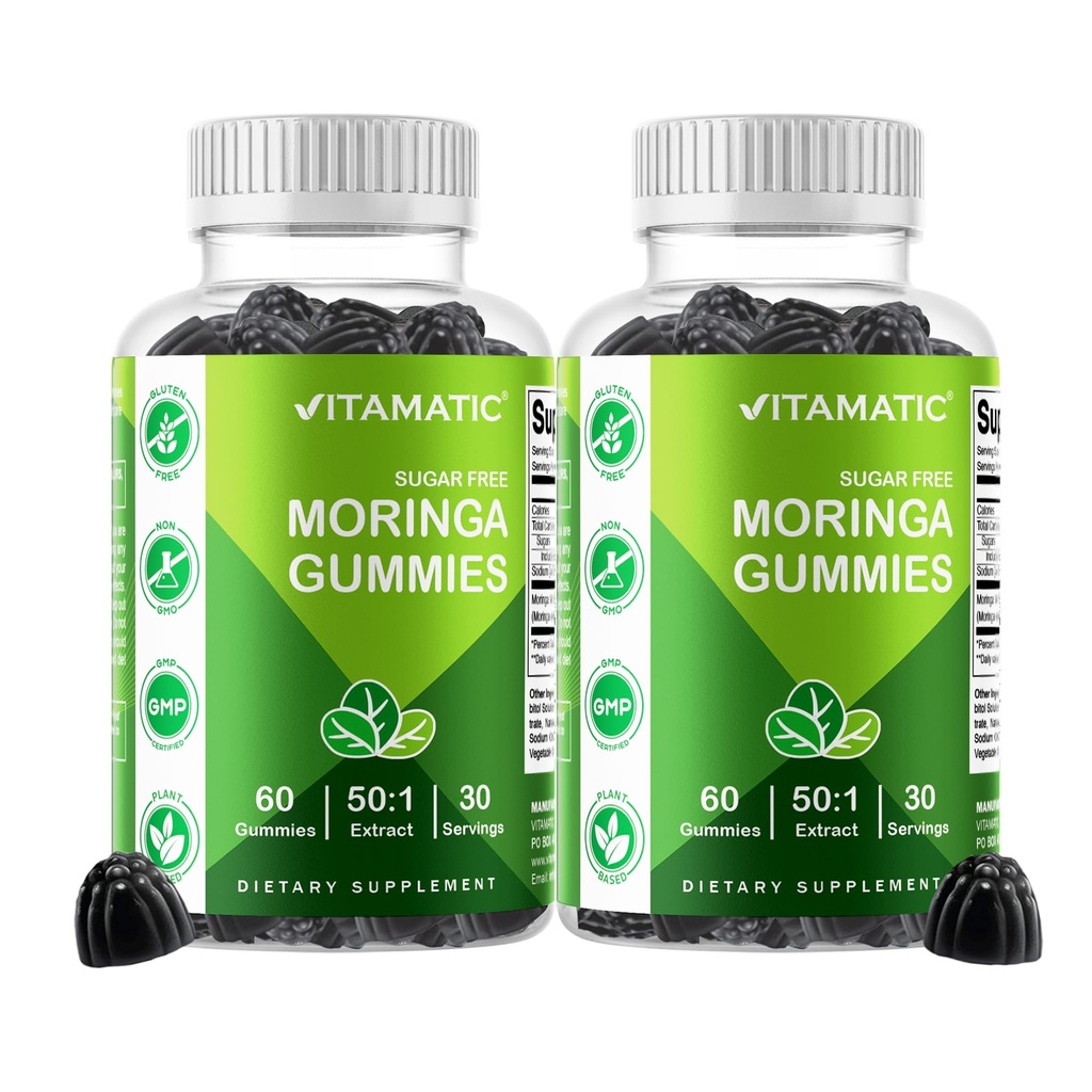 Vitamatic 2 Packs Sans sucre Moringa Gummies- 10000 mg Équivalent par portion (à partir de 50:1 Extrait 200 mg)- Complete Green Superfood 20X Extrait - 60 Gummes à base de pectine