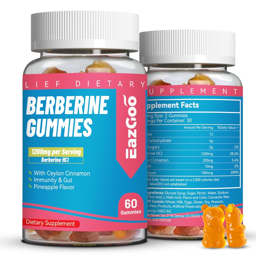 Gummies berbères avec cannelle Ceylan,1200mg Berberine HCI Supplément pour le métabolisme et le soutien énergétique, végétalien, non-OGM et sans gélatine - 60 comte