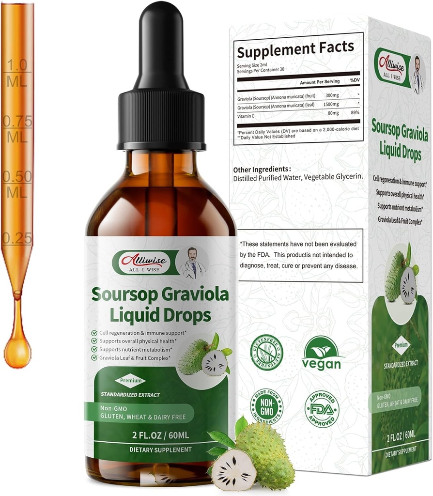 Soursop Graviola goutte liquide, forme d'absorption élevée Feuilles de soursop et complexe de fruits, pour la régénération cellulaire et le soutien immunitaire et les amers digestifs - Vegan Sour SOP amers liquide - 2 Fl oz