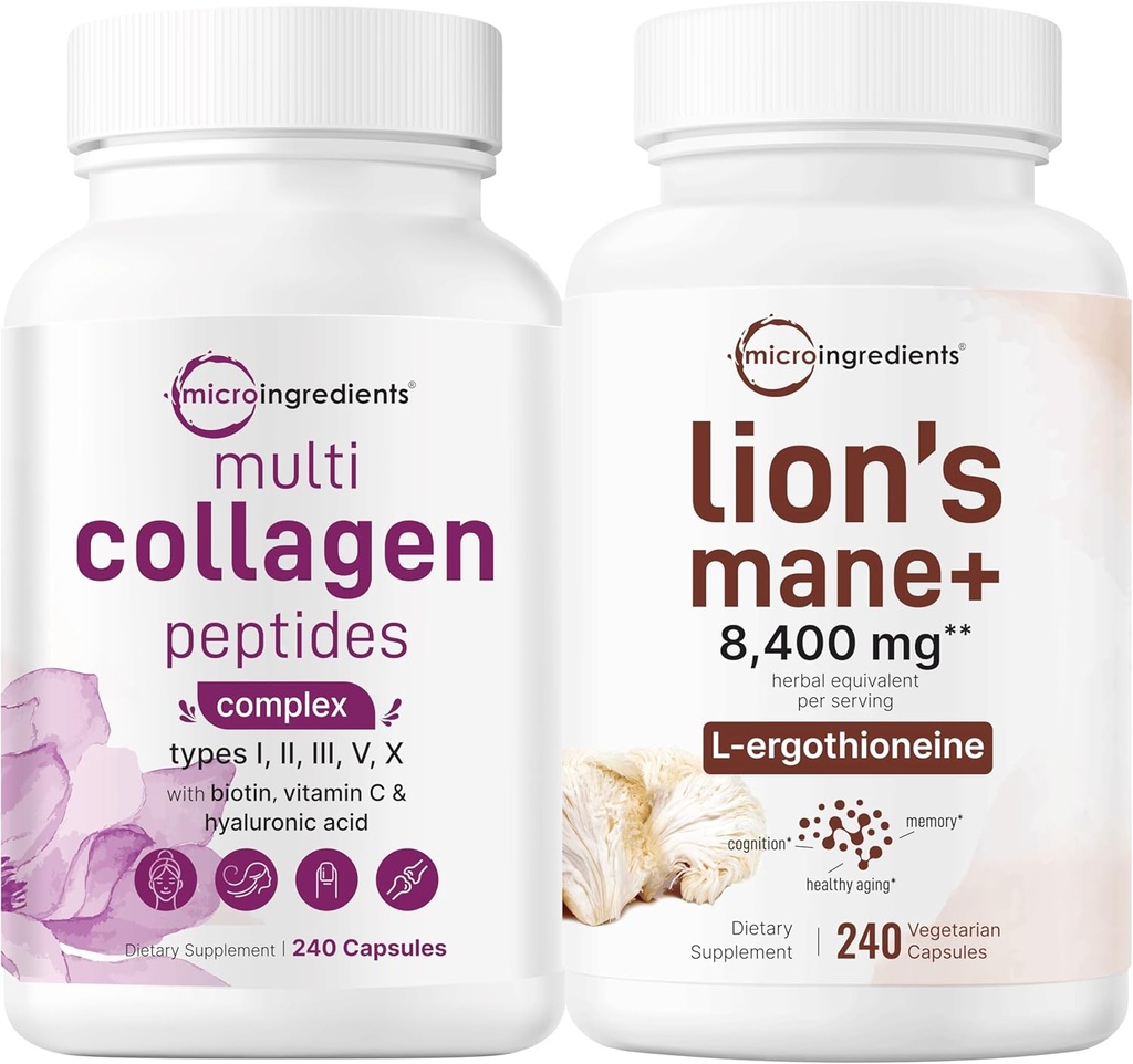 Micro Ingredients Multi Collagen Complex for Women & Lions Mane Supplement 240 Capsules Veggie Bundle 2 Pack