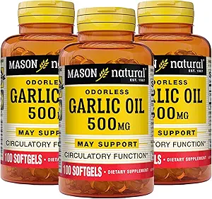 MASON NATURAL Huile d'ail 500 mg Supplément Allium Sativam sans odeur – Soutient le bien-être général, 100 Softgels (paquet de 3)